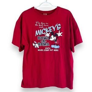 Vintage Disney Main Street Mickey Mouse Bowl-A-Rama T Shirt Mens L Red‎ Cotton